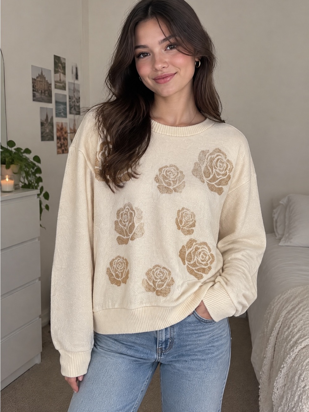 Emily Daniel’s NWT! Shimmering Gold flower Sweater